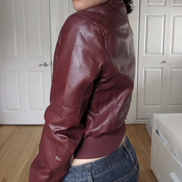 Wine/Red Womens Faux Leather Zip-Up Jacket - Picture 5 of 8